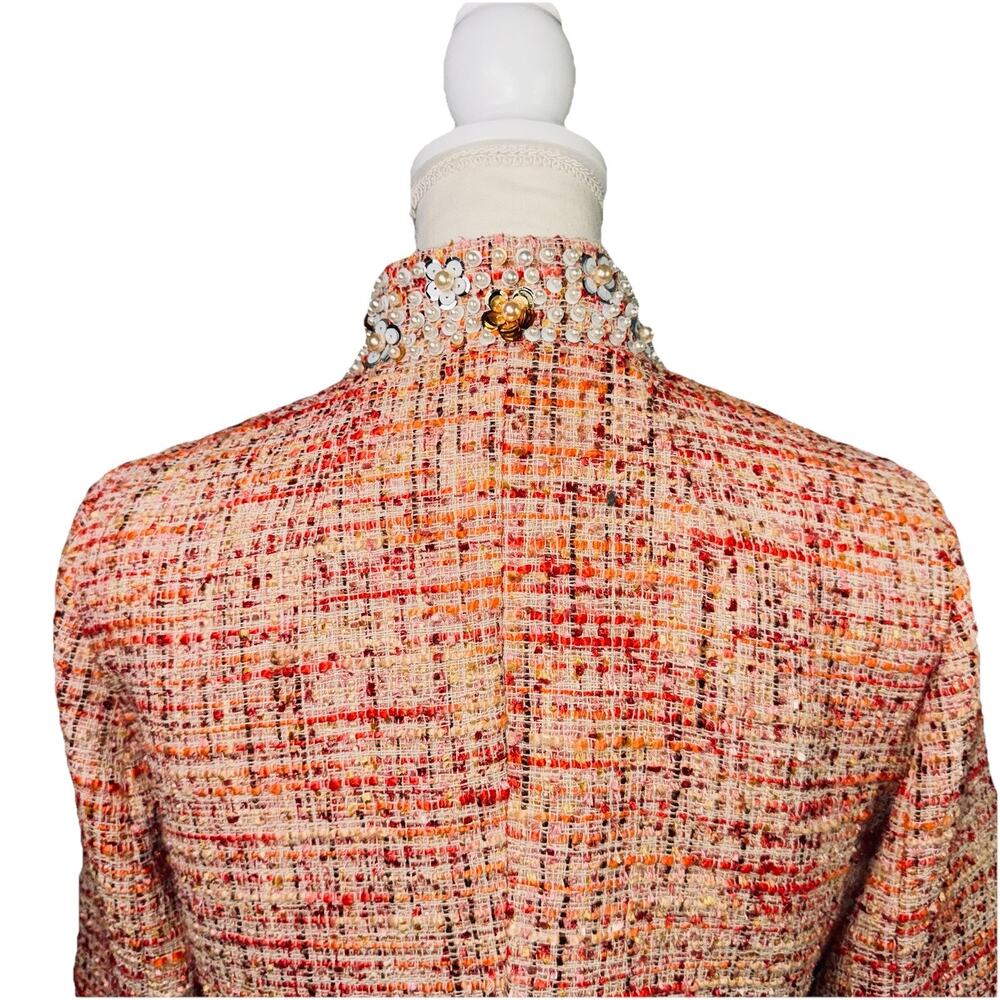Chico's Size 0 (4/6) Embellished Pearls Tweed Woven Jacket Coral 3/4 Sleeve Coat - Picture 5 of 11